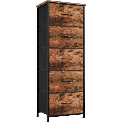 Somdot Tall Dresser for Bedroom with 5 Drawers, Storage Organizer Chest of Drawers with Removable Fabric Bins for Closet Bedside Living Room Laundry Entryway Hallway, Wood Grain Print