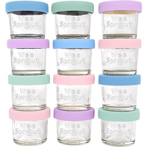 WeeSprout Glass Baby Food Storage Jars w/Lids (4 oz, 12 Pack Set) Snack, Puree, Reusable Small Containers, Breast Milk, Fridge or Freezer, Microwave & Dishwasher Safe, Essential Must Have for Infants