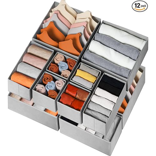 Drawer Organizer for Clothing, 12 Pack Sock Underwear Drawer Organizer Bins, Foldable Fabric Closet Organizers and Storage Dresser Drawer Dividers for Baby Clothes, Bra, Scarves, Belt, Tie (Grey)