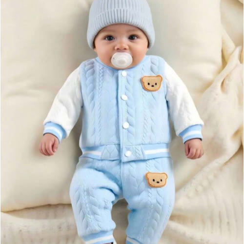 SHEIN Newborn Boy Baby Bear Pattern Double Fried Dough Twists Fabric White Splicing Blue Jacket Two Pieces Suit Fashionable Personalized Handsome Boys And Girls Can Wear