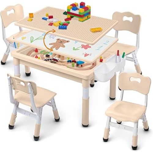Kids Table and Chairs Set Large Storage, Height Adjustable