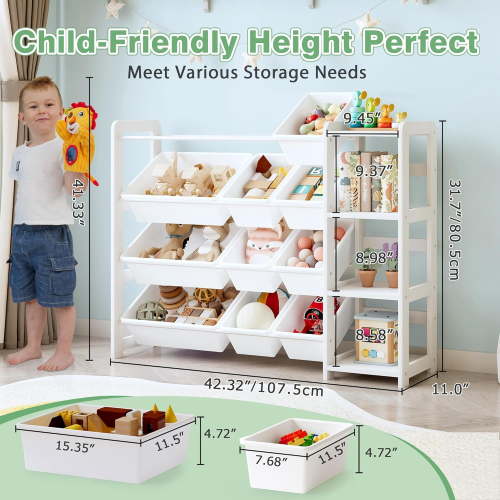 Kids Toy Storage Organizer with Bookshelf – Wooden Toy Bin Organizer with 12 Storage Bins & 3-Tier Shelf, Toy Shelf for Toddlers, Nursery, Playroom, Bedroom（White）