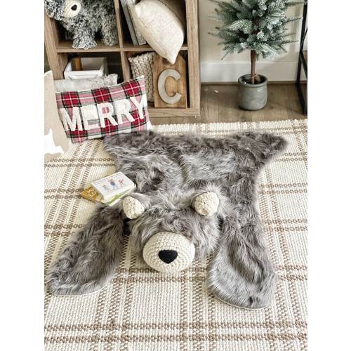 Nursery Bear Rug, Gray Faux Fur, Handmade Crochet