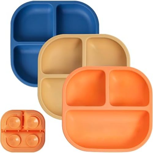 BABELIO Powerful Suction Plates for Baby and Toddler, 100% Food Grand Silicone, Divided, BPA Free, Microwave & Dishwasher Safe, Stay Put, 3 Pack