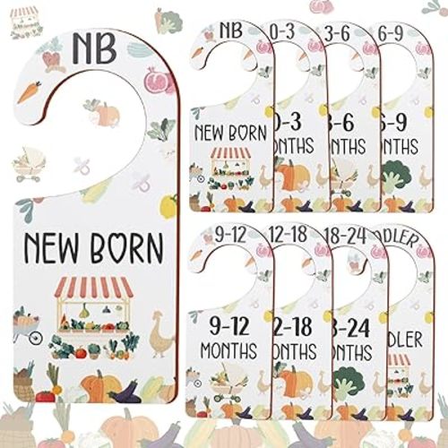 Baby Closet Dividers 8PCS, Locally Grown/Farmer's Market Themed Wooden Double-Sided Clothes Size Hanger Organizer from Newborn to Toddler for Nursery Decor Baby Shower Birthday Gift
