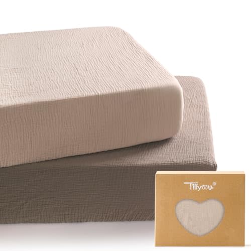 TILLYOU 2 Pack Muslin Crib Sheets for Boys and Girls, 100% Cotton Fitted Crib Sheet for Toddler 52x28 Standard Crib Mattress, Grey Brown and Light Brown