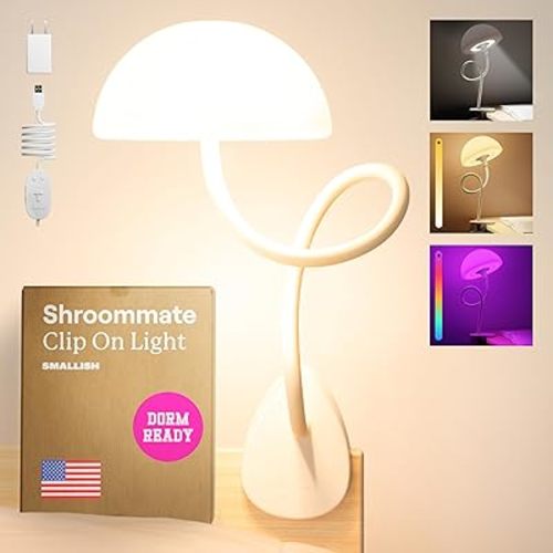 Shroommate Clip On Light and Bed Headboard Lamp, Bedside Table Lamp for Dorm, College Dorm Room Essentials, Night Light for Kids Nursery, Clip on for Desk, MultiColor LEDs, Adapter Included (White)