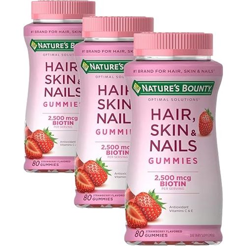 Nature's Bounty Optimal Solutions Hair,Skin & Nails Vitamin Gummies with Biotin,2500 mcg,Strawberry,80 Count (Pack of 3)
