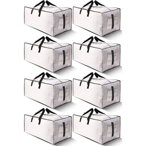 8 Pack Large Strong Moving Bags with Zippers & Carrying Handles - Water-Resistant - Heavy Duty Storage Tote for Space Saving, Fold Flat, Alternative to Moving Box (Semi-Transparent)