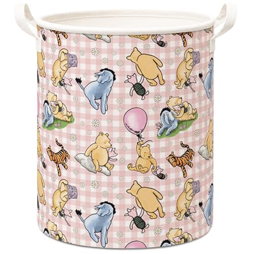 Classic Bear Storage Basket, Pink Checkered Foldable Canvas Laundry Basket With Waterproof PE Coating, Kids Room Nursery Bathroom And Bedroom Supplies & Accessories - A27