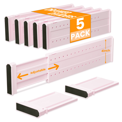 LLMRR 5 Pack Drawer Dividers, 4" High, 11-17" Adjustable Drawer Divider for clothes, Expandable Baby Dresser Organizer for Baby Clothes, Bedroom and Office Storage, 5 Pack, Pink