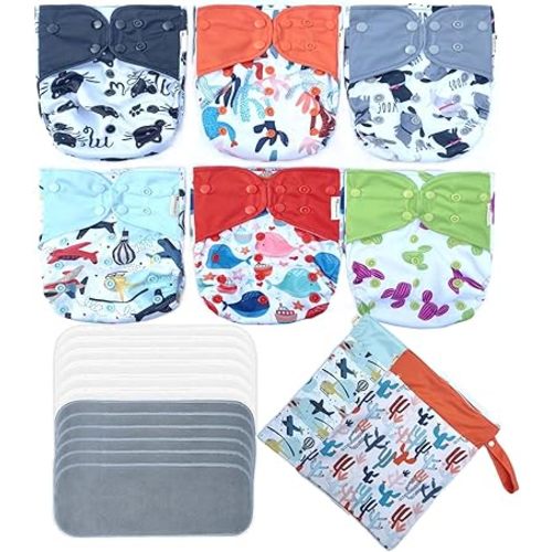 Adjustable Washable Reusable AWJ Side Leakage Prevention 6pcs All in One Cloth Diaper Packed with 12pcs Inserts 2pcs Wet Dry Bags for Baby Girls and Boys (Boy Prints 06)