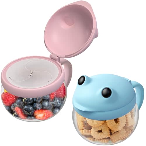 BeneLabel 2 Pack 12.3 Oz Snack Cups for Toddlers Spill Proof Food Grade Tritan Baby Snack Container with Cute Frog Lid and Handle PVC Free Kids Snack Catcher Fit for On-the-Go (Pink & Blue)