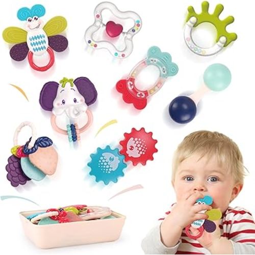 REMOKING Baby Toys 0-6 Months,8Pcs Baby Rattles Teething with Storage Box for Newborn Essentials,Newborn Infant Sensory Toys 3-6 6-12 Months,1st Birthday Shower Gifts for Baby Girls Boys