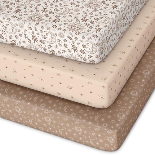 Pack and Play Sheets Fitted 3 Pack, Mini Crib Sheets for Pack N Play Mattress Stretchy Portable Playard Sheets, Soft Breathable White Brown Sun God
