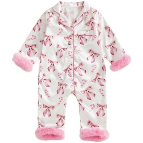 Baby Christmas Pajamas Newborn Girl Santa Feather Trim Nightgown Jumpsuit Romper Cute One Piece Silk Pjs Sleepwear