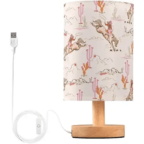 Cute Rodeo Cowgirl LED Table Lamp - Modern Minimalist Bedside Lamp with Round Flaxen Fabric Shade for Nightstand, Perfect for Bedroom Ambiance