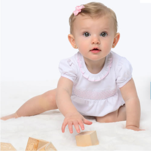 Essentials Solid Smocked Bubble - White Pink – Magnolia Baby