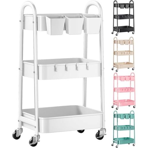 3 Tier Heavy Duty White Metal Rolling Cart with Lockable Wheels, Three Tier Roller Book Snack Cart, Utility Storage Organizer Carts for Kitchen, Bathroom, Garage, Baby Diaper, Craft, Art, Teacher