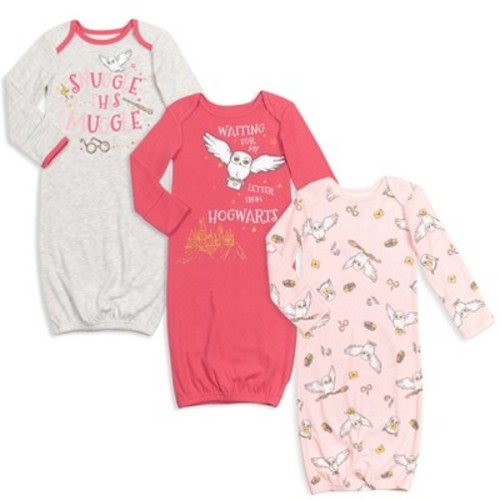 Harry Potter Hedwig Owl Newborn Baby Girls 3 Pack Sleeper Gown Red / Pink / Heather Grey Newborn