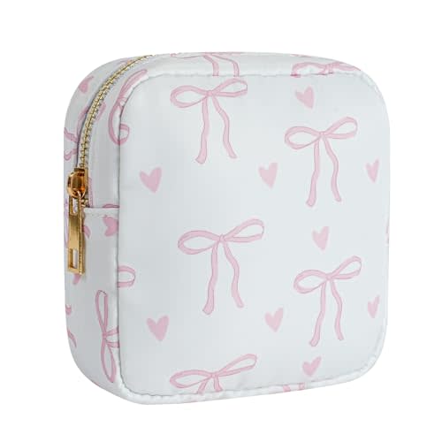 RSRSLEII Small Waterproof Nylon Makeup Bag with Bow Pattern, Aesthetic Cosmetics Pouch and Toiletry Bag for Travel, Cute Makeup Organizer Storage Pouch for Women Girls(01Heart Bow)