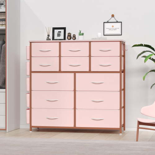 Homhougo 12 Drawer Fabric Dresser for Bedroom, Chests of Drawers with Wood Top, Organizer Storage Cabinet with Side Pockets & Hooks for Entryway, Hallway, Closet, Nursery, Pink
