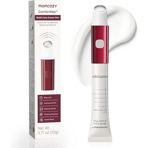 Momcozy ComfortNip™ Multi-Care Nipple Cream Pen, 3-in-1 Heat/Cool/Vibe Rechargeable Portable Nipple Pen with Botanical Nipple Cream, Touch Free 316 Steel Head for Breastfeeding Pain Relief