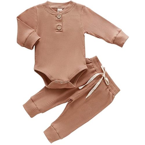Newborn Baby Boy Girl Clothes Ribbed Knitted Cotton Long Sleeve Romper Long Pants Solid Color Fall Winter Outfits - A- Khaki - 0-3 Months