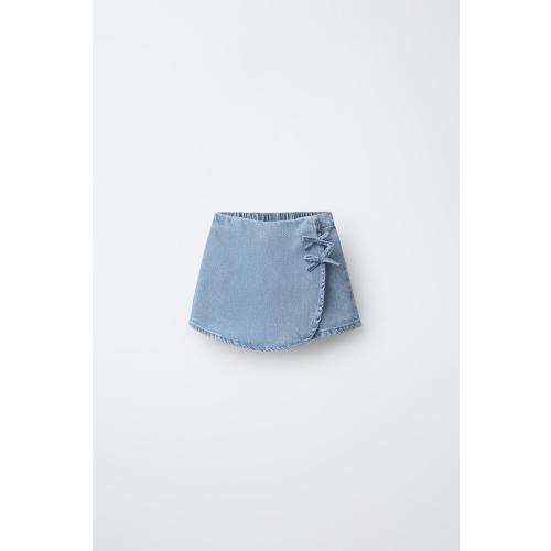 DENIM SKORT WITH BOWS - Mid-blue | ZARA United States