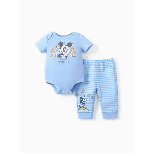 Disney Mickey and Friends 2pcs Baby Boys/Girls Naia™ Character Print Rainbow Romper with Striped Pant Set