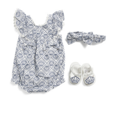 Newborn Girls 3pc Shell Embroidered Bubble Romper Set | Clearance Boost | Marshalls