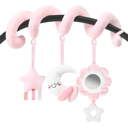 Spiral Car Seat & Stroller Activity Toy, Crib Hanging Rattles Toys for Ages 0-12 Months, Mirror, Textured Ribbons, Squeaky Carseat Stroller Toys, Newborn Baby Girl Gifts