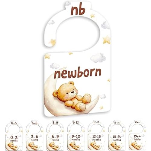 JMOST Bear Baby Closet Dividers for Nursery Closet Organizer, Newborn to 24 Months Size Clothes, Bear Moon Hangers with Size Dividers, Double Sided