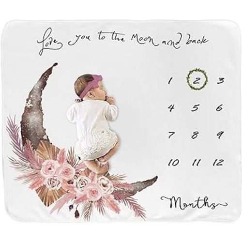 Baby Milestone Blanket for Baby Girl, Newborn Monthly Milestone Blanket, Baby Growth Chart Blanket, Boho Nursery Decor for Girls, Photo Prop with Wreath&Headband 45”x40”