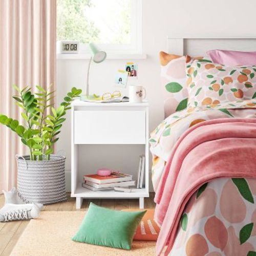 Modern Nightstand White - Room Essentials™: Open Shelf, Storage Drawer, Laminated Finish, Particle Board, Rectangle Shape