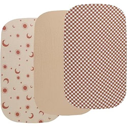 Onacosht Muslin Bassinet Sheets 3 Pack, 100% Cotton Baby Fitted Sheet 33" X 17" for Standard Rectangle Round Oval and Hourglass Bassinet Mattress, Checker and Sun Moon