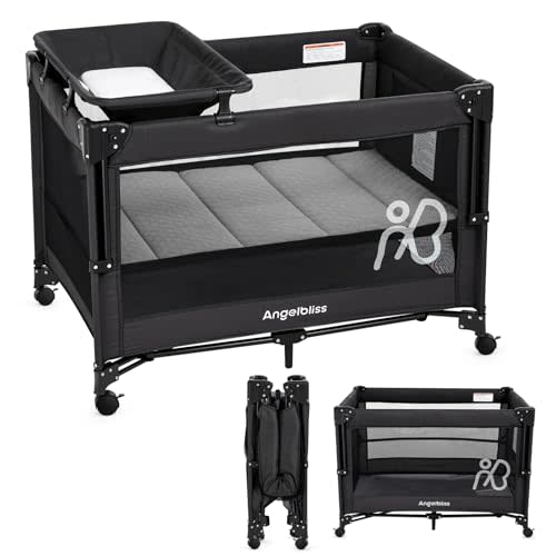 ANGELBLISS Baby Bassinet Bedside Crib, Pack and Play with Mattress, Diaper Changer, One-Push Setup Playards from Infants to Toddlers (Balck)