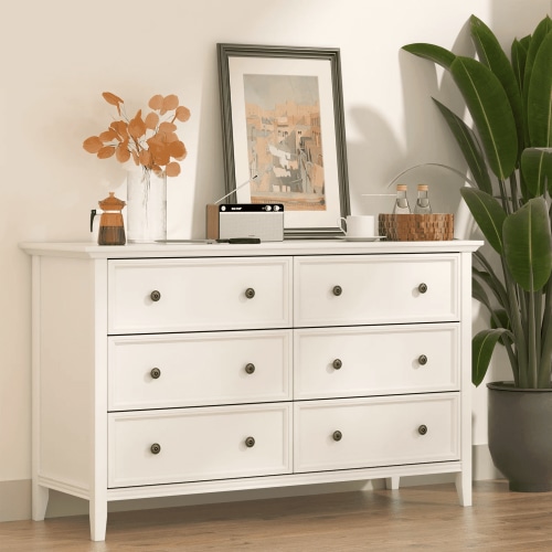 IKENO 6 Drawers White Dresser, Modern Solid Wood Chest of Drawers, White Dresser for Bedroom Room