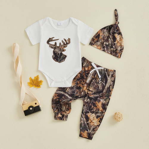 Newborn Baby Boy Hunting Outfit Deer Short Sleeve Tops Romper Jungle Wild Pants Set Hat 3 Piece Summer Clothes