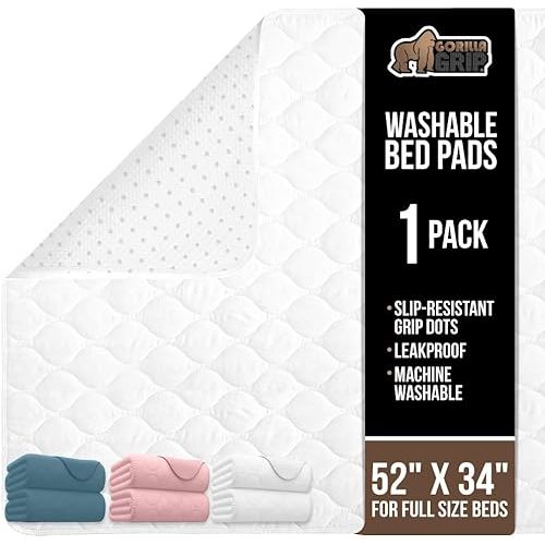 GORILLA GRIP Washable Underpads, Waterproof Reusable Heavy Absorbency Incontinence Bed Pads, Leak Proof Toddler Mattress Pad, 52x34 Slip Resistant Protector for Bedwetting, Adults and Kids, White