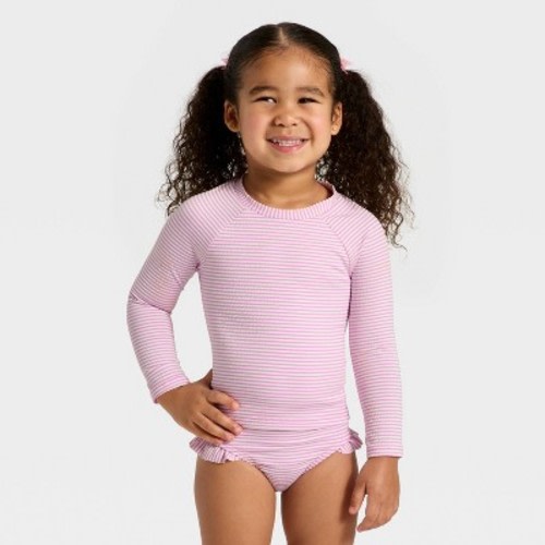 Infant Girls' Long Sleeve Two Piece Ribbed Rash Guard Swimsuit Set - Cat & Jack™ Pink 12M