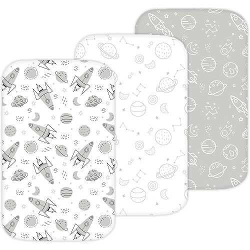 TansyPanda Bassinet Sheets for Angelbliss, Koolerthings, and Koola Baby Bassinet Bedside Sleeper, 3 Pack, 33x20 inch, Ultra Soft, Breathable, Snug Fit, Unisex Boys Girls, Gray White (Space Rockets)