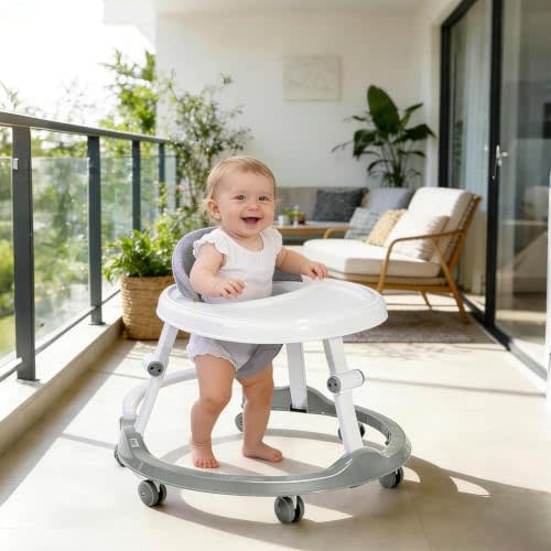 Foldable Baby Walker for Infants 6 Months+, Baby Activity Walker with Entertainer Tray, Lightweight Compact Space-Saving Design,Supports up to 26 lbs, Grey