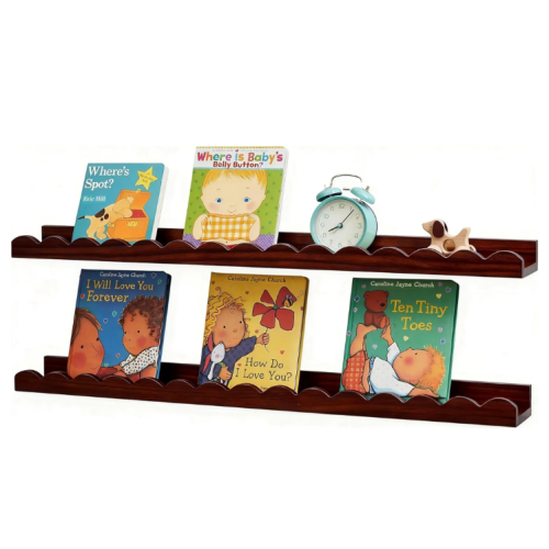 Walnut Scalloped Book Shelf, Dark Wood Nursery Book Shelves Set of 2 Pine Wooden Floating Bookshelf for Wall Cloud Picture Ledge Shelf for Kids Bedroom Baby Child Toddler Room Kitchen(90cm)