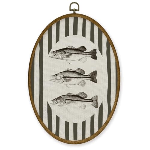 JMENGSSFL Vintage Fish Ocean Nursery Oval Wall Art Decor, Coastal Beach Canvas Prints, Neutral Striped Bass Fishing Framed Wall Art for Kids Baby Toddler Boys Room Playroom Decor, 8.6x11.4 Inch