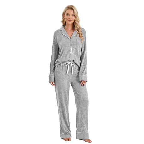 Neweven Long Sleeve Pajama Set for Women - Soft Warm Button Down 2 Piece Lounge Sleepwear(Light Gray,M)