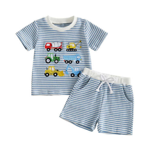 CONSTRUCTION VEHICLES Striped Outfit - Hazel & Bo