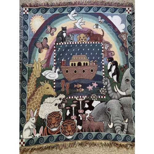 Vintage Noah’s Ark American Weavers Tapestry Throw Blanket Fringe Woven Wall Hanging Animals Rainbow Nursery Decor Cottagecore