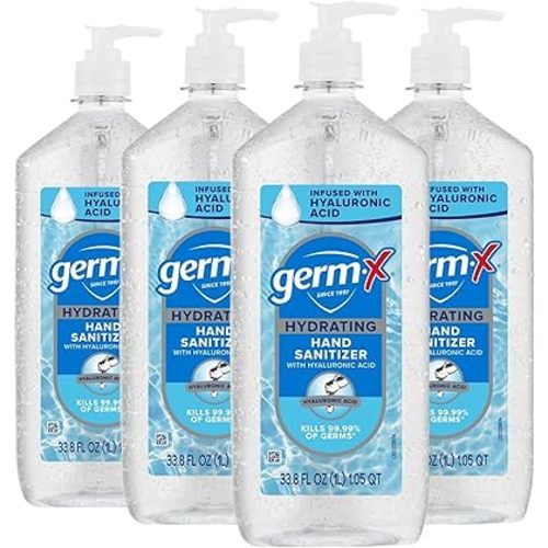 Germ-X Hydrating Hand Sanitizer, with Hyaluronic Acid, 1L (Pack of 4) Bulk Pack, No Rinse Formula, Sanitizing Liquid Gel for All Skin Types, Formulated without Parabens, Phthalates & Dyes