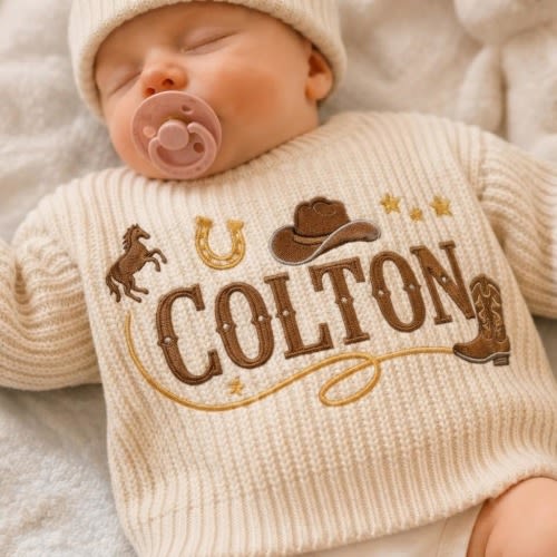 Custom Embroidered Cowboy Baby Sweater, Personalized Name Baby Sweater, Knitted Baby Jumper, Western Crochet Baby Sweater, Baby Shower Gift